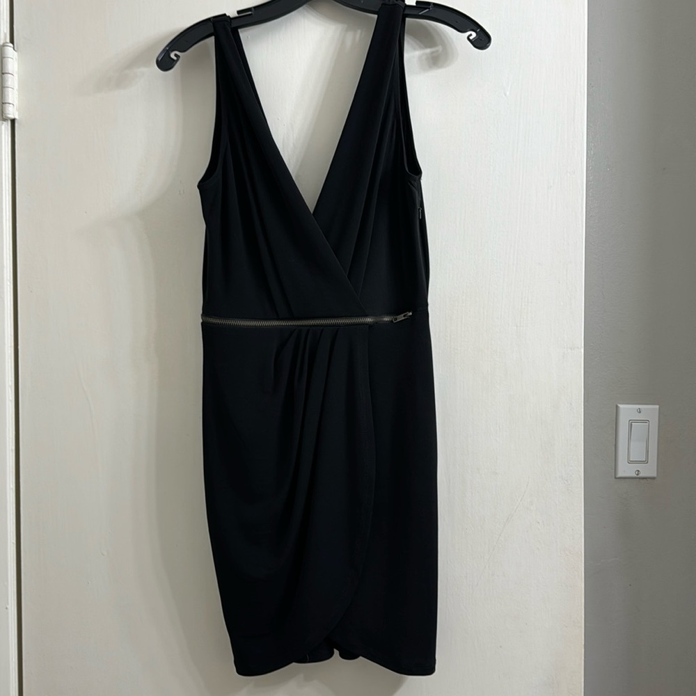 2010s black mini dress with drape tulip hem and middle zipper detail